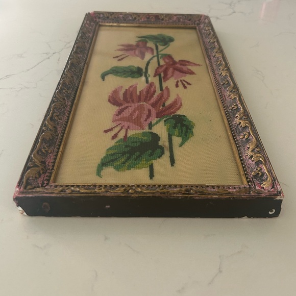 VTG Cross Stitch Floral Needlepoint Wall Art - Pink & Green Fuchsia Design - Picture 8 of 10